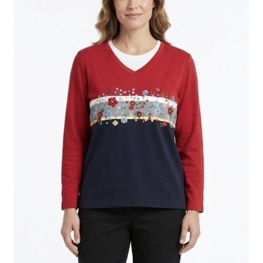 Koret Red Black Colorblock Embroidered Cottagecore V-Neck Vintage LS Top Sz XL